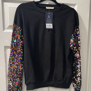 Black Sweatshirt with Multicolor Sequin Sleeves